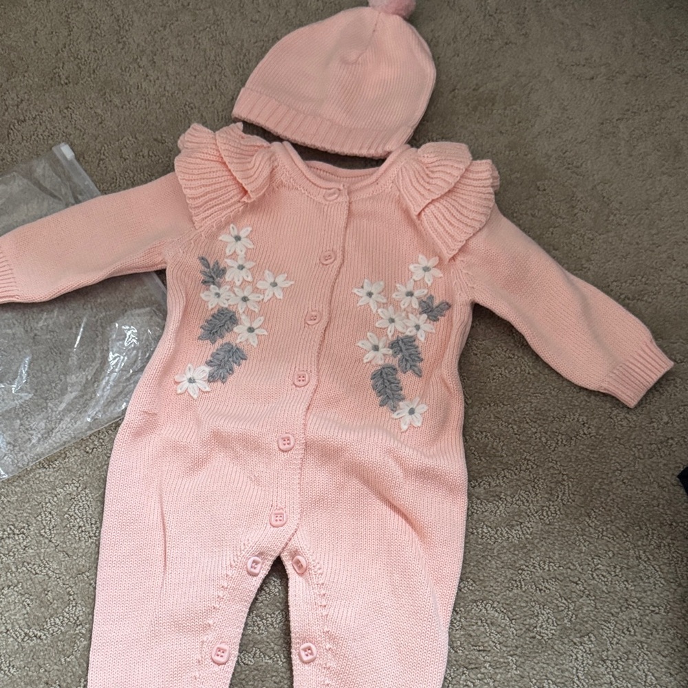Pink Floral Knit Baby One-Piece with Hat